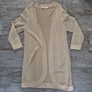 Peter Nygard Beige And Gold Metallic 3/4 Sleeves Knit Open Cardigan Sweater